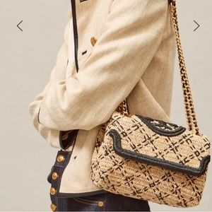 Tory Burch Fleming Soft Straw Small Convertible Shoulder Bag Natural Black